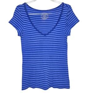 Y2K Blue Striped V-Neck Top LG 2000s Casual Skater Basic Grunge